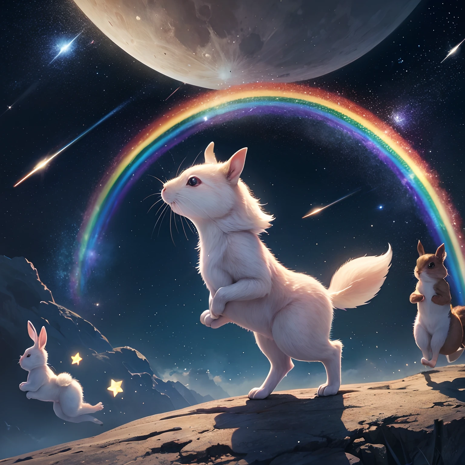 finest image, fantasy, detailed and delicate depiction, a beautiful big rainbow shining in the night sky, cute deformed rabbits and squirrels are running around on the rainbow, the background is space, the moon, and shooting stars, professional lighting