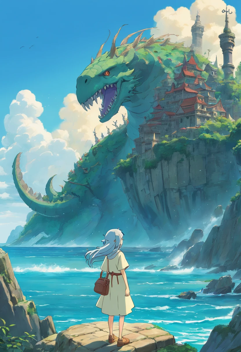 Stand on the skeleton of the sea beast and look into the distance,The distant archipelago is scattered,There are ruins on the island,The sky is cloudy,There is thunder in the sky,ancient ruins background,Behemoth skeletons,Overlooking the perspective,top-quality,8K