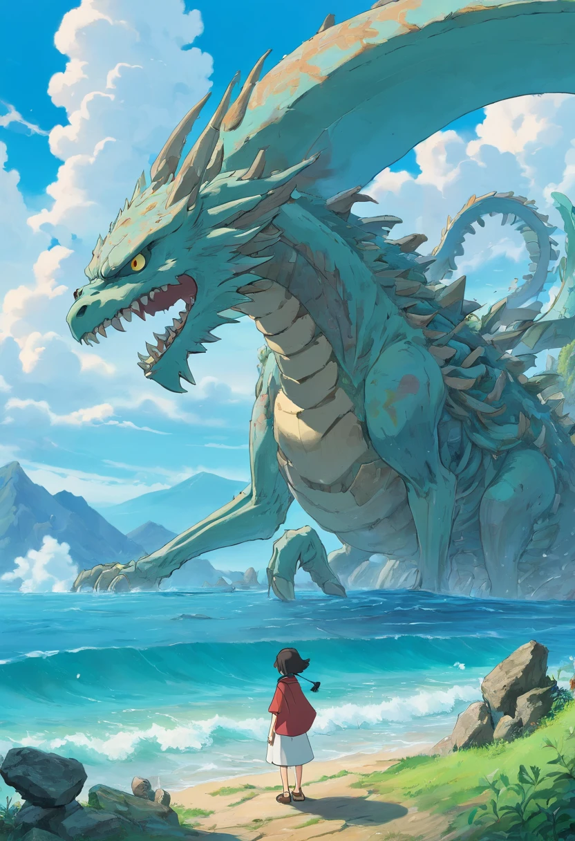 Stand on the skeleton of the sea beast and look into the distance,The distant archipelago is scattered,There are ruins on the island,The sky is cloudy,There is thunder in the sky,ancient ruins background,Behemoth skeletons,Overlooking the perspective,top-quality,8K