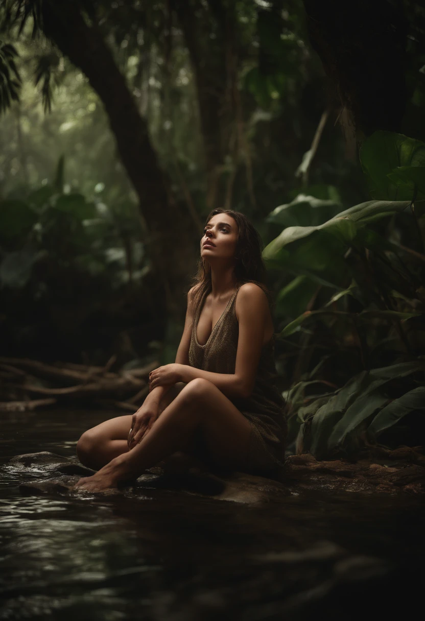 a girl in a jungle, Photo realistic, Day 15 of drifting, beautiful detailed eyes and lips, full body wide shot, she looks up at the sky, depressed expression, dirty body, sink down to the ground, draped in rags, dark and gloomy background, HDR, distressed texture, vivid colors, soft lighting, nsfw,