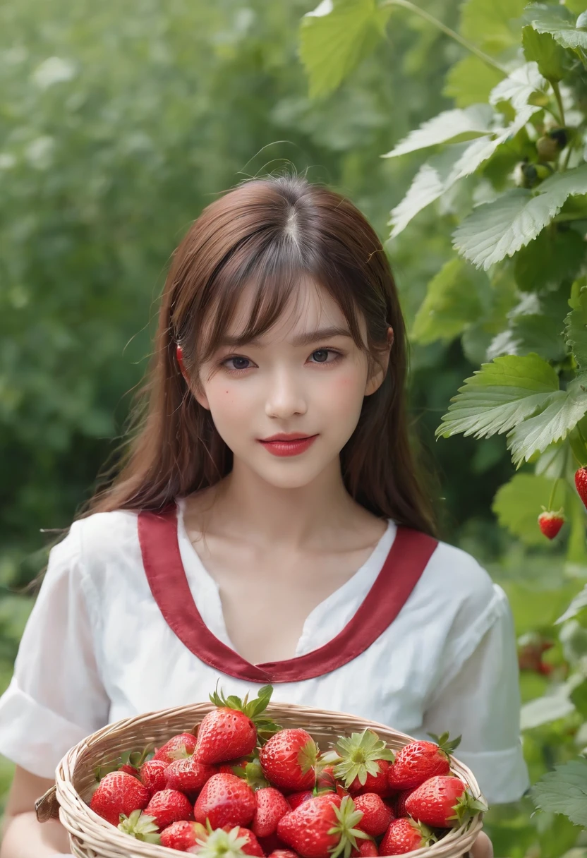 best quality, ultra high res, (1 girl:1.4), solo,(upper body:1.2), (photorealistic:1.4), (pretty teengirl:1.2),big breasts,balck long hair, parted bangs,air bangs, red lips,light_smile,(shot hair), wet, messy_blue hair, stick out,(school uniform:1.4),white shirt with blue collar, blue shorts,(looking at viewer:1.4),(a basket on her forearm:1.4),(picking strawberries:1.4), (strawberry farm:1.4), (rows of plants:1.4), (red berries:1.4), green leaves, sunshine, (baskets:1.2), picking,(pureerosface_v1:0.5)