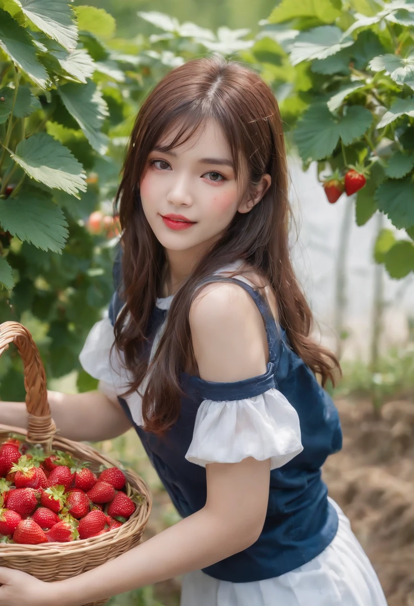 best quality, ultra high res, (1 girl:1.4), solo,(upper body:1.2), (photorealistic:1.4), (pretty teengirl:1.2),big breasts,balck long hair, parted bangs,air bangs, red lips,light_smile,(shot hair), wet, messy_blue hair, stick out,(school uniform:1.4),white shirt with blue collar, blue shorts,(looking at viewer:1.4),(a basket on her forearm:1.4),(picking strawberries:1.4), (strawberry farm:1.4), (rows of plants:1.4), (red berries:1.4), green leaves, sunshine, (baskets:1.2), picking,(pureerosface_v1:0.5)