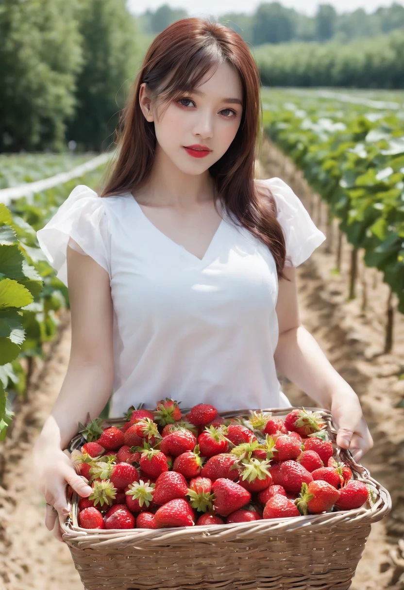 disorganized、super detail、bright colors、(8K:1.5)、master piece、very beautiful detailed face and eyes、Brown hair long hair、Summer morning with a basket full of strawberries、Ghibli、Summer country roads、Smile and wave、、huge boobs、sexy overalls、Strawberry field、huge boobs、