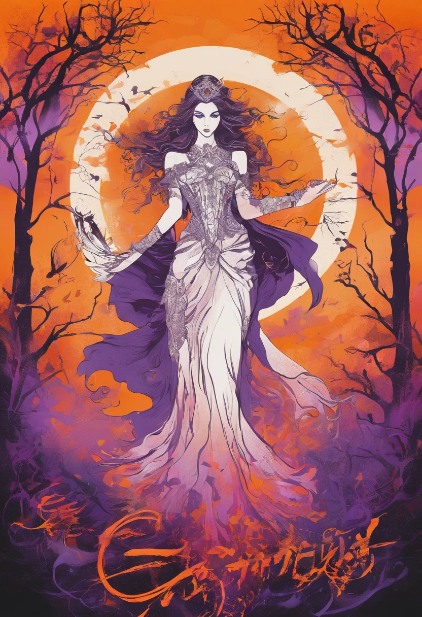 "(best quality, highres, ultra-detailed), The goddess casting mystical glowing spells in a haunted forest, orange and purple hues, portraits, vivid colors, extreme detail description, sharp focus, physically-based rendering, studio lighting, horror, witch, magical, eerie atmosphere, swirling fog, ethereal glow, ancient trees, twisted branches, moonlit sky, mysterious shadows, spellbinding, enchanting, hauntingly beautiful"