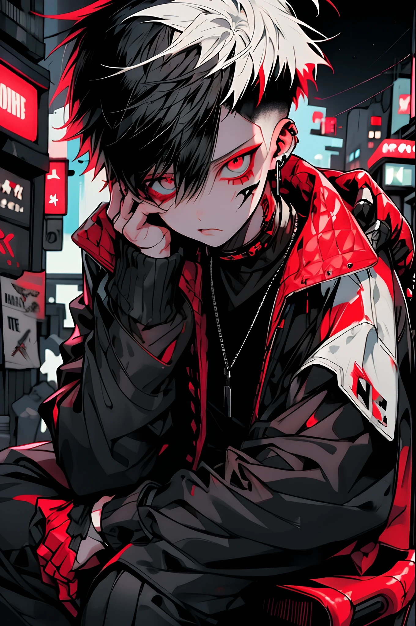 boy, white red hair, cool black open short jacket, tatoos, messy fade cut hair, crazy, sit pose, on futuristic neon night street background,