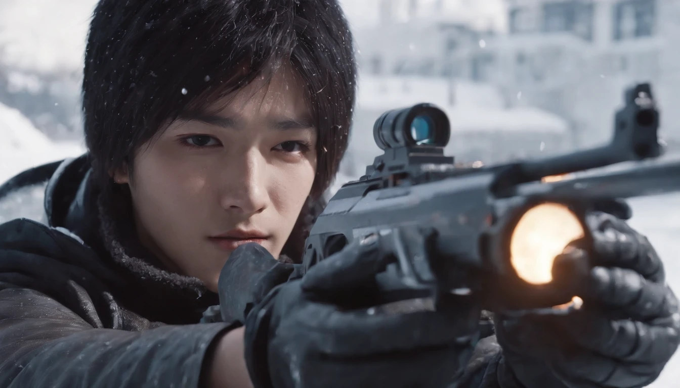 Close-up of a man shooting with a gun in the snow, Yang Yang, anime big breast《cyber punk perssonage》, Anime art style trigger, The style of an animated film "red line",  screenshot from a 2012s anime, akira anime, Crisp high-quality anime, anime bullet vfx, Fire special effects，best anime character design, Anime cyberpunk moderno, modern sci-fi anime，