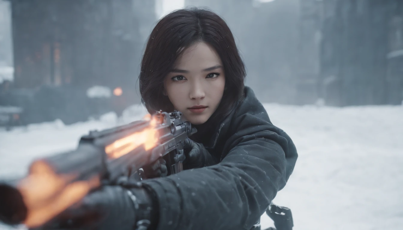 Close-up of a man shooting with a gun in the snow, Yang Yang, anime big breast《cyber punk perssonage》, Anime art style trigger, The style of an animated film "red line", screenshot from a 2012s anime, akira anime, Crisp high-quality anime, anime bullet vfx, Fire special effects,best anime character design, Anime cyberpunk moderno, modern sci-fi anime,
