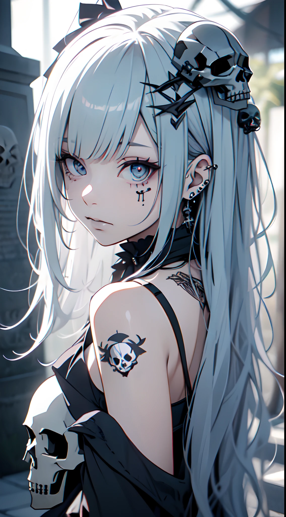 Adornos para el cabello、piercings、tatuaje、godo_punk, 1chica en, solo,、highest qualityr, fotorrealista, Unas ilustraciones ultrafinas, Hermosa chica de anime atractiva, Miku hatsune, cuerpo delgado, cabello atado, a  girl, A picture of a girl, Toma de cuerpo completo, Hermosos ojos azules, Convertido,arete、Adornos para el cabello、jewely、Miku hatsune、(fondo Skull Night Cemetery:1.4), motor irreal:1.4,UHD,La mejor calidad:1.4, fotorrealista:1.4, textura de la piel:1.4, obra maestra:1.8,(detailed:1.4),