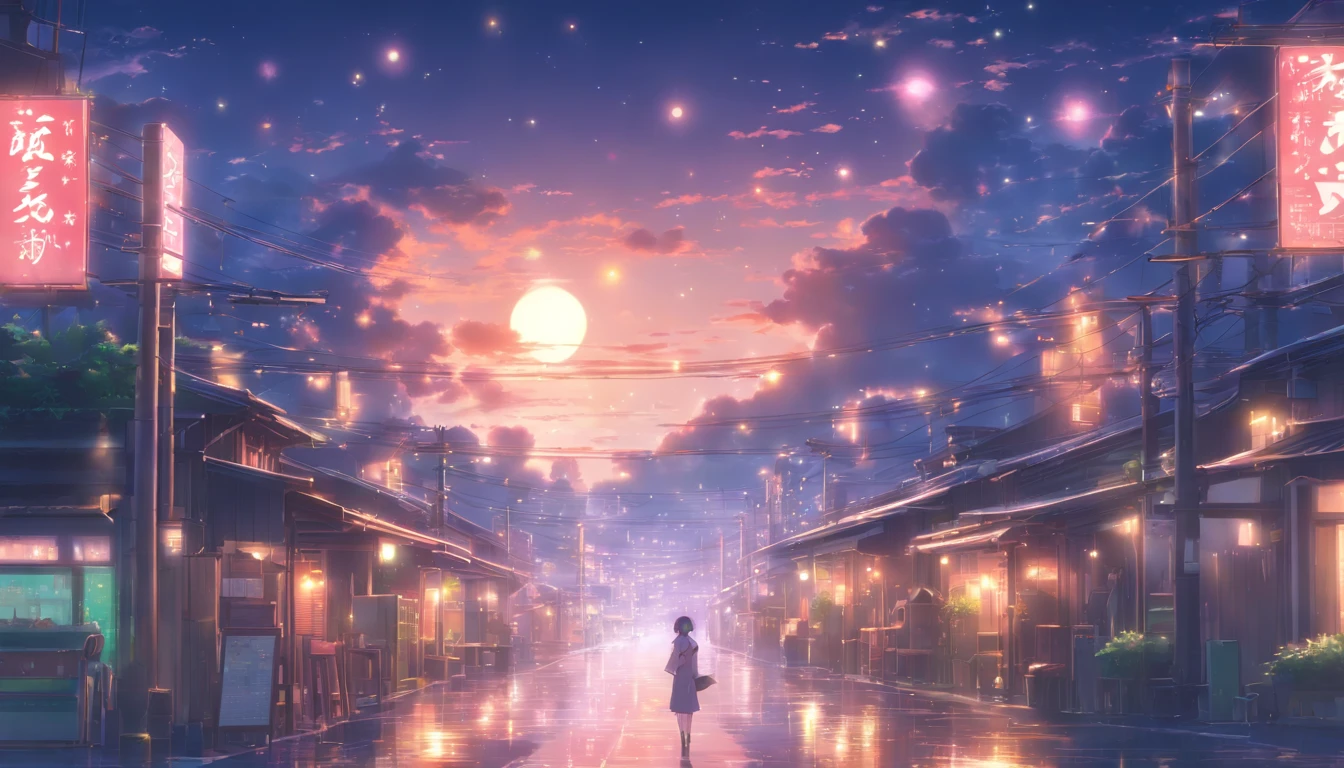 High quality masterpiece ,scenecy, Bright full moon,Glittering starry sky。Romantic city,Pisif,concept-art,Lofi art style,Reflectors。 By Makoto Shinkai, Lofi art, beautiful anime scenes, Anime landscapes, Detailed scenery —width 672, in the style of makoto shinkai, Makoto Shinkai's style,Detail enhancement