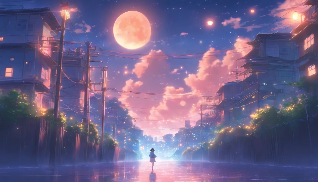 High quality masterpiece ,scenecy, Bright full moon,Glittering starry sky。Romantic city,Pisif,concept-art,Lofi art style,Reflectors。 By Makoto Shinkai, Lofi art, beautiful anime scenes, Anime landscapes, Detailed scenery —width 672, in the style of makoto shinkai, Makoto Shinkai's style,Detail enhancement