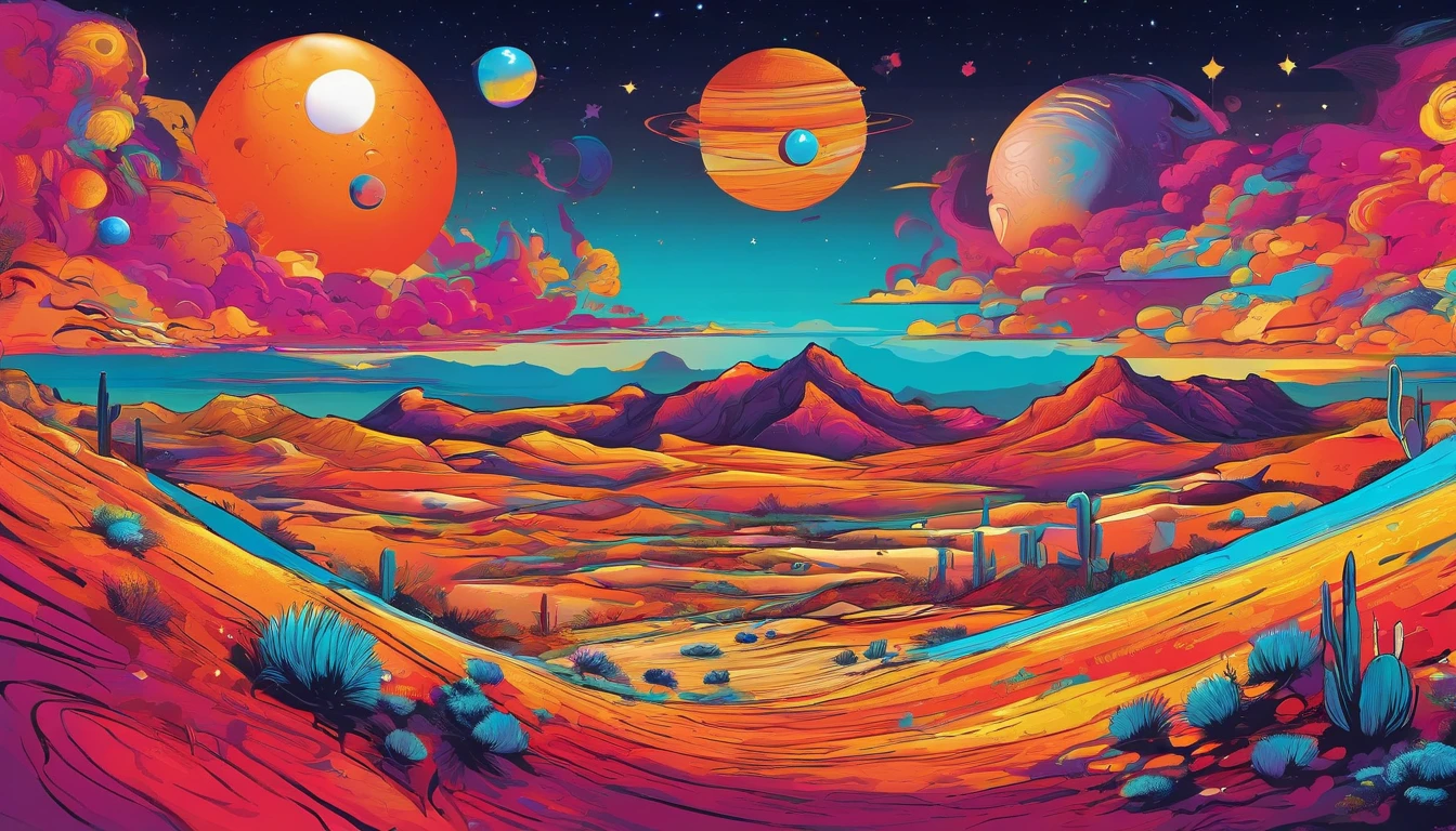 Huge planet, Abundant desert, the night, starrysky, surrealism, Masterpiece, A high resolution, 16k
