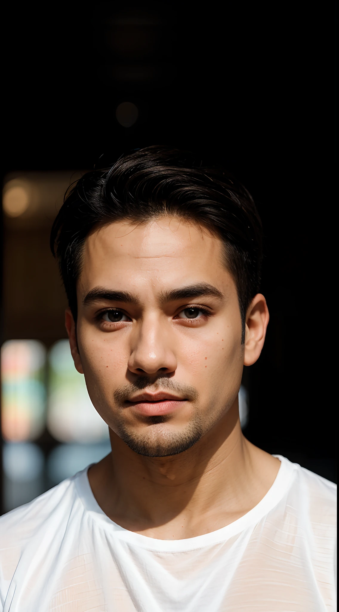RAW Photo, DSLR BREAK
(kkw-ph1:0.9) BREAK
half body portrait of a 30 year old man, black hair, wearing white t shirt, wearing nothing, nude, perfect eyes, black eyes, perfect lips, shaved, with goatee, perfect nose, professional color graded, wonderful man, dark background, cute man, serious looking, filipino, pinoy, philippines
