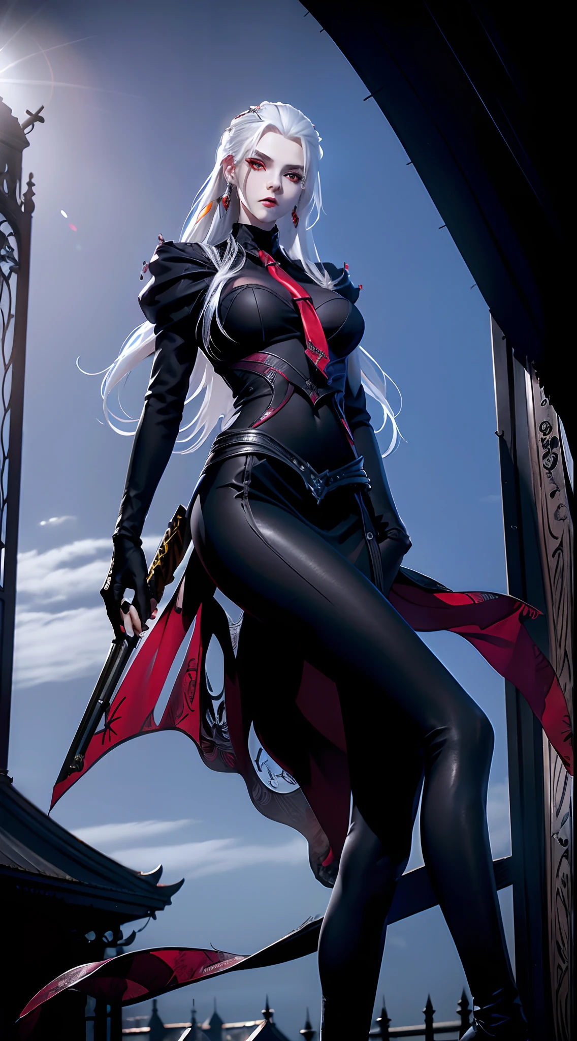 tmasterpiece，Perfect image quality，2048 resolution，1girll, Vampire girl，Close-up Shot Shot, (White hair, Medium hair, Large breasts, Red eyes), Perfect anatomy, City, Cyberpunk Style, ((White shirt, Black jacket, Black skirt, navel, belt, Black gloves, Neck tie, Wrist watch, Earrings, Sheer black leggings)), ((holding gun)), War, Ruined city, battlefiled, rubble, Buildings,cigarettes