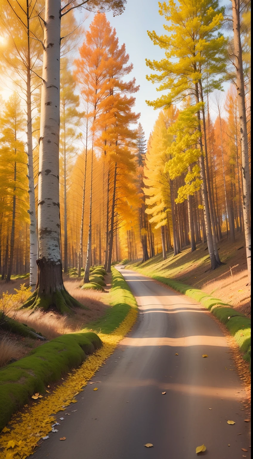 autumnal, See the sunset，See the sunset glow, In the woods,Birch,White bark, Yellow leaves,The ground is covered with fallen leaves,  There are small squirrels on the ground，Boardwalk, Colorful sky,Natural scenery, real footage, Camera shot,f/1.2 Wide angle lens,Low camera position, --q 2