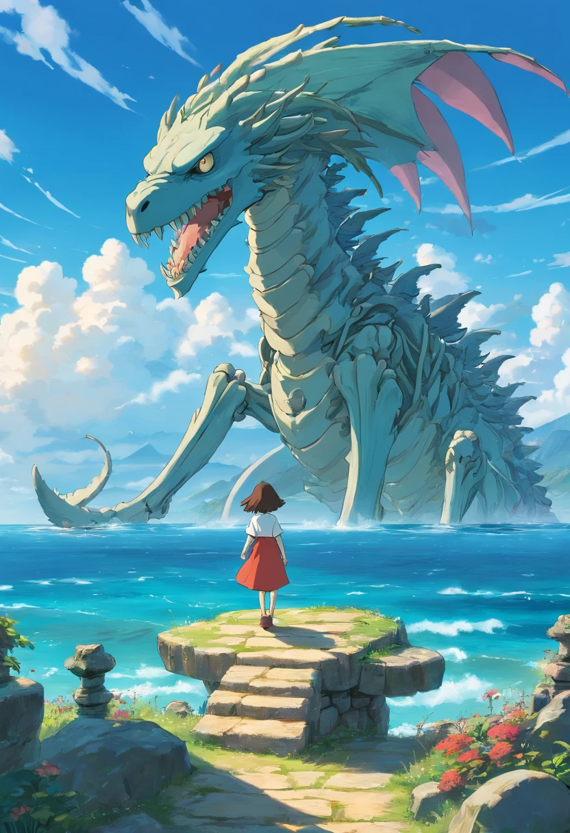Stand on the skeleton of a sea beast,Overlooking the distance,The distant archipelago is scattered,There are ruins on the island,The sky is cloudy,There is thunder in the sky,ancient ruins background,Behemoth skeletons,Overlooking the perspective,top-quality,8K