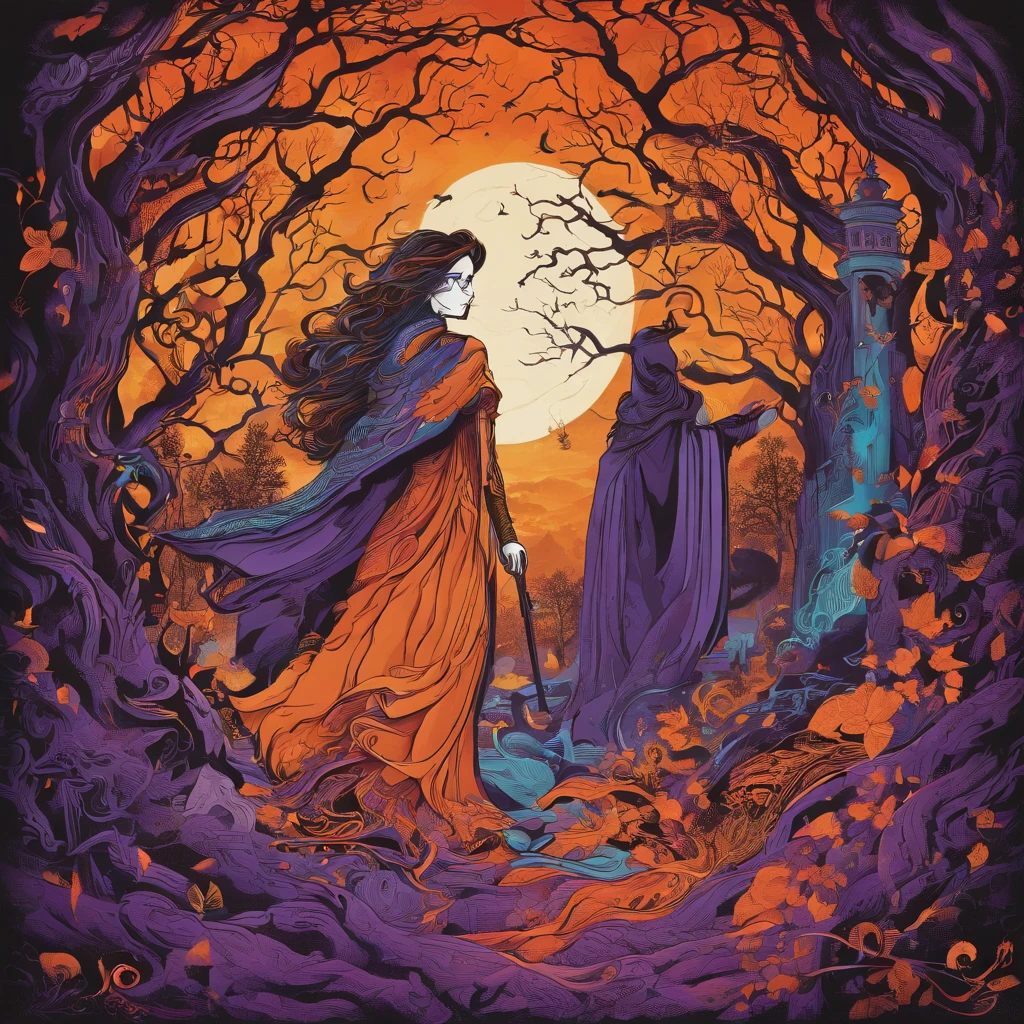 "(best quality, highres, ultra-detailed), The goddess casting mystical glowing spells in a haunted forest, orange and purple hues, portraits, vivid colors, extreme detail description, sharp focus, physically-based rendering, studio lighting, horror, witch, magical, eerie atmosphere, swirling fog, ethereal glow, ancient trees, twisted branches, moonlit sky, mysterious shadows, spellbinding, enchanting, hauntingly beautiful"