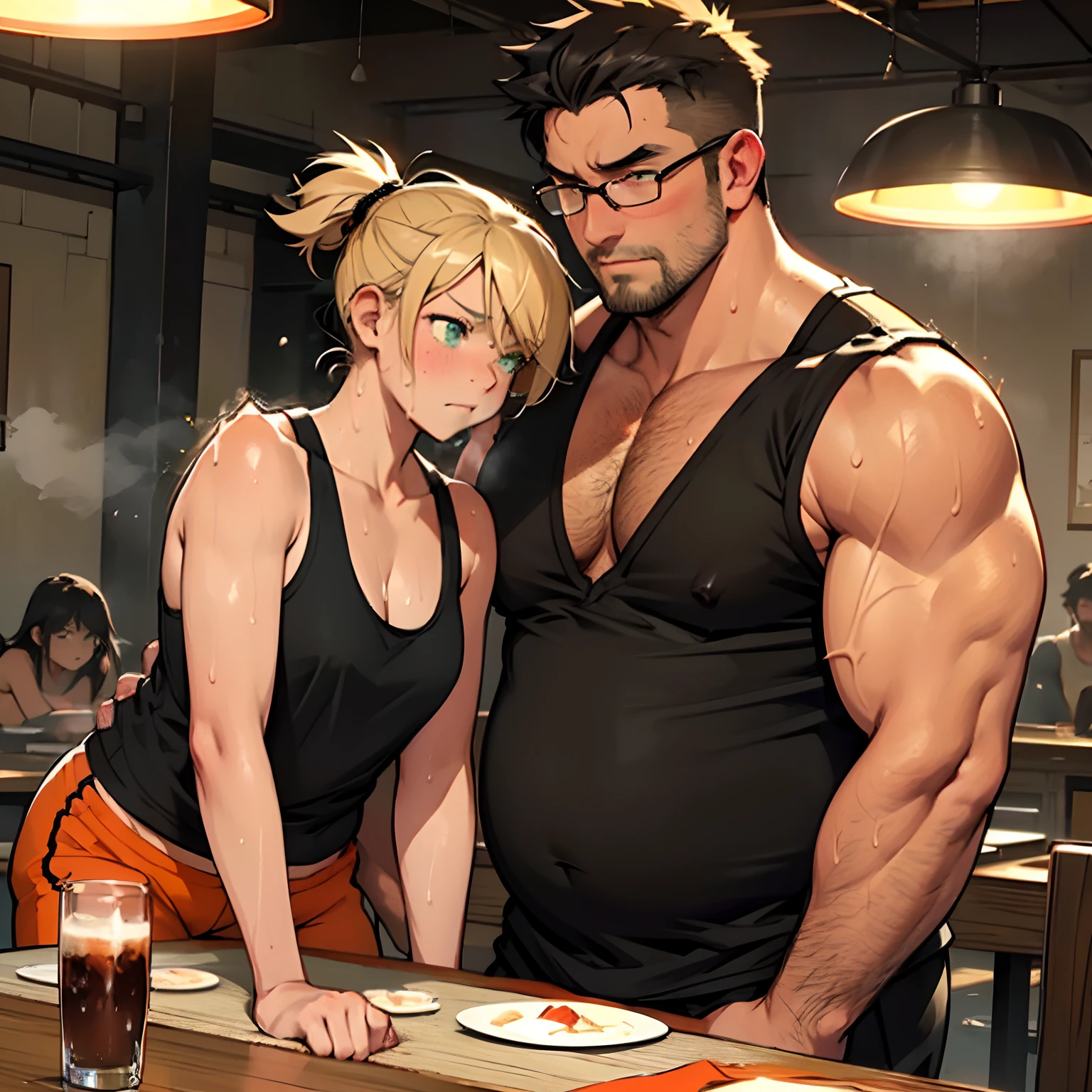 ​masterpiece,top-quality,Fat big uncle shoulder to shoulder with blonde ite girl,stare at each other,Dark clubhouse,round table,(Black-haired uncle,muscular guy,Fat Man,Man with a big belly,Man with relaxed expression),Girl cuddling up to fat uncle,(cute petit girl,Green eyes,small tits,Navel Ejection、Black Tank Top Shirt、Girl in orange shorts,Girl with a troubled expression),Red face,(Sweating:1.5),indirect lighting,Steaming,Two glasses filled with alcohol,Hearts fly