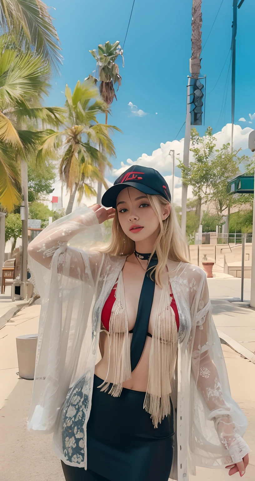 Sexy girl with blonde hair and red bra, bikini, sexy dress, thin outer