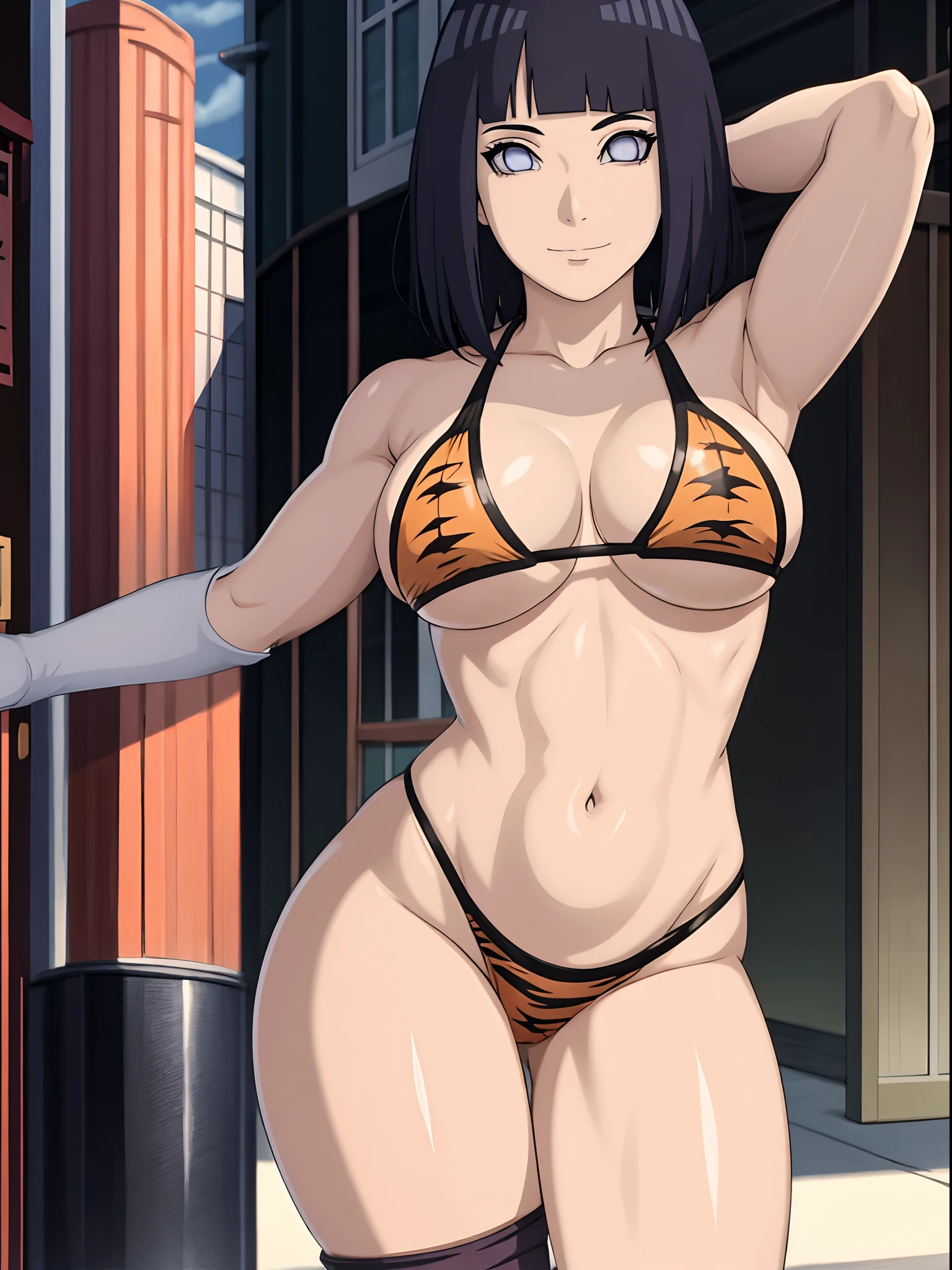 (4k, no angle view, portrait, best quality, cowboy shot), (ultra detailed body, curvy), ((solo, 1 girl)), anime style, hires, ((white background)), (hinata\(boruto\), (female wrestler), (slender body, broad shoulders), (mature woman, milf), (tigress, micro bikini, ultra detailed pro wrestling gear, long gloves, long boots), (extremely gorgeous), (tilt head, seductive look, ((seductive pose, armpit, stretching)), seductive face, seductive expression, (sexy expression), smile, closed mouth), (pale skin, shiny skin, lighting and shadow), (dark blue hair color:1.1), wavy hair, ((short hair, hime cut, (floating hair)), (big breasts, defined breasts), ((detailed arm curves, little biceps)), (long belly, injured belly), (very seductive), (perfect eyes, anime eyes)