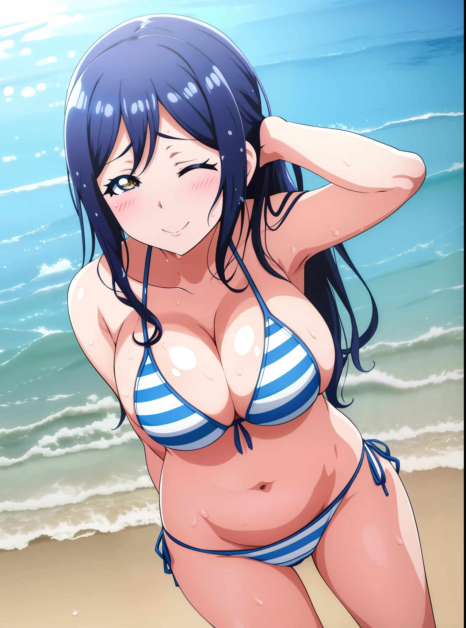 matsuura kanan, anime girl in a bikini with , seductive anime girl, ecchi anime style, on beach, sunrise, one eye closed, sleepy,wet body and hair, ecchi, striped bikini, big breasts, solo, hands behind head, looking at viewer