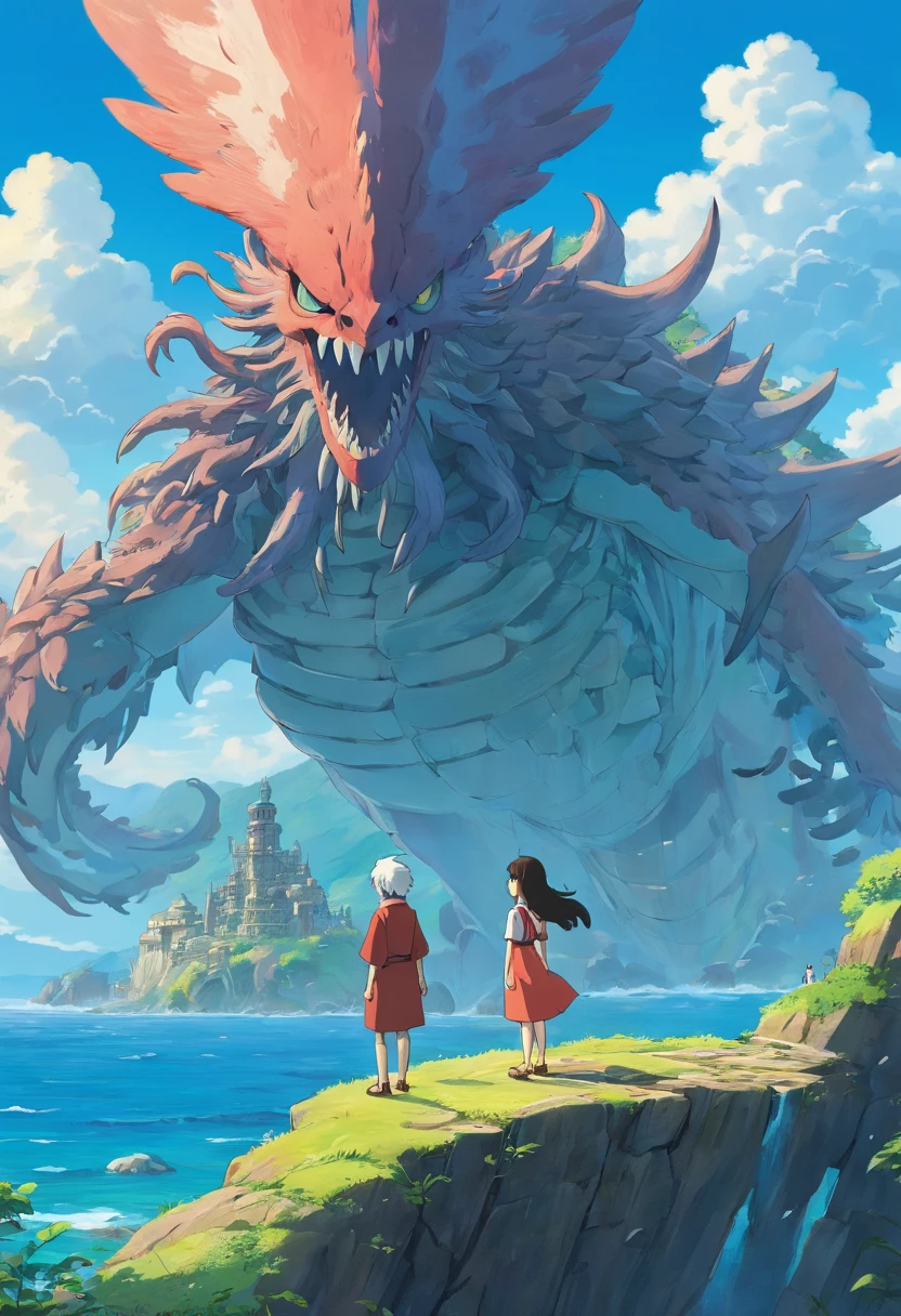 Stand on the skeleton of a sea beast,Overlooking the distance,The distant archipelago is scattered,There are ruins on the island,The sky is cloudy,There is thunder in the sky,ancient ruins background,Behemoth skeletons,Bird's eye view,top-quality,8K