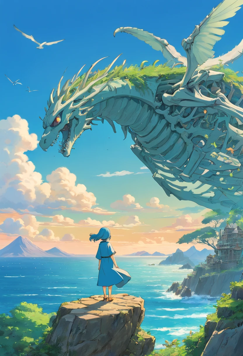 Stand on the skeleton of a sea beast,Overlooking the distance,The distant archipelago is scattered,There are ruins on the island,The sky is cloudy,There is thunder in the sky,ancient ruins background,Behemoth skeletons,Bird's eye view,top-quality,8K