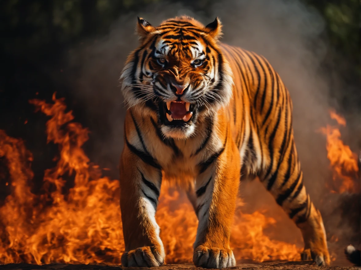angry tiger raised his front paw is surrounded by fire