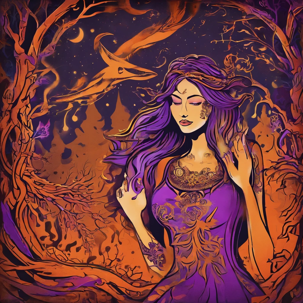 "(best quality, highres, ultra-detailed), The goddess casting mystical glowing spells in a haunted forest, orange and purple hues, portraits, vivid colors, extreme detail description, sharp focus, physically-based rendering, studio lighting, horror, witch, magical, eerie atmosphere, swirling fog, ethereal glow, ancient trees, twisted branches, moonlit sky, mysterious shadows, spellbinding, enchanting, hauntingly beautiful"