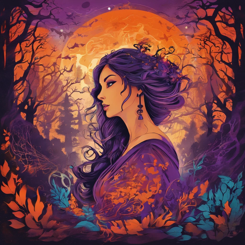 "(best quality, highres, ultra-detailed), The goddess casting mystical glowing spells in a haunted forest, orange and purple hues, portraits, vivid colors, extreme detail description, sharp focus, physically-based rendering, studio lighting, horror, witch, magical, eerie atmosphere, swirling fog, ethereal glow, ancient trees, twisted branches, moonlit sky, mysterious shadows, spellbinding, enchanting, hauntingly beautiful"