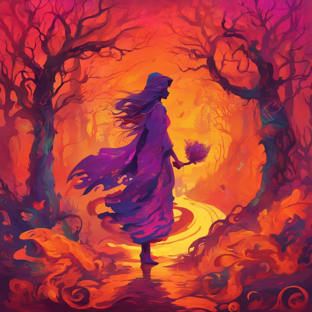 "(best quality, highres, ultra-detailed), The goddess casting mystical glowing spells in a haunted forest, orange and purple hues, portraits, vivid colors, extreme detail description, sharp focus, physically-based rendering, studio lighting, horror, witch, magical, eerie atmosphere, swirling fog, ethereal glow, ancient trees, twisted branches, moonlit sky, mysterious shadows, spellbinding, enchanting, hauntingly beautiful"