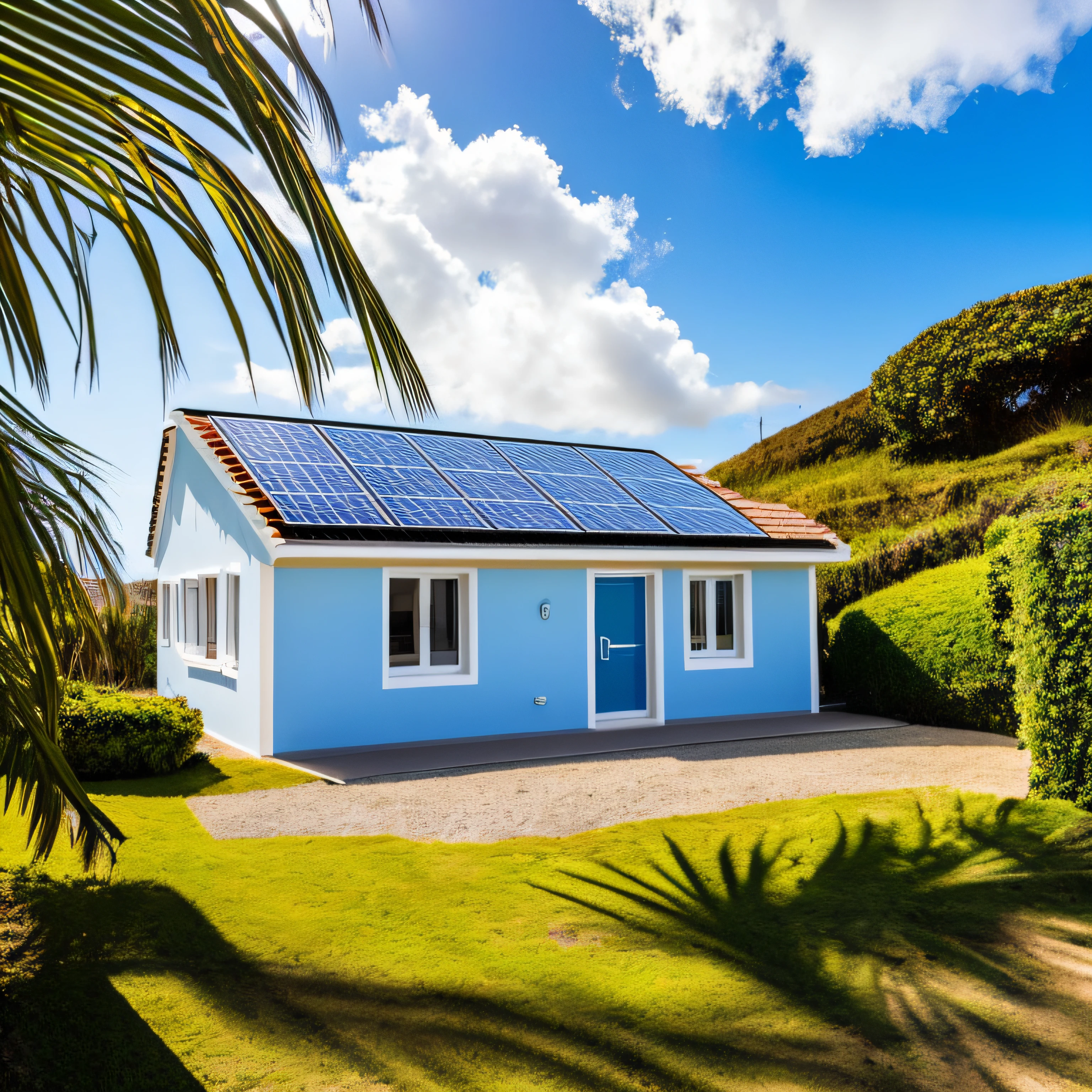 Azorean style beach house, com placas energia solar fotovoltaica no telhado, sol ao fundo, pintura, dia feliz, realista, imenso detalhe