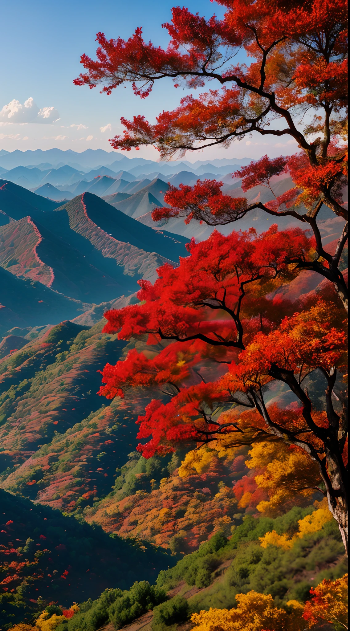 Autumn in Fragrant Hills, Chestnut leaves all over the mountains,Red as flames,It is dark purplish red.Pines and cypresses are dotted in between,Red and green,Wonderful.