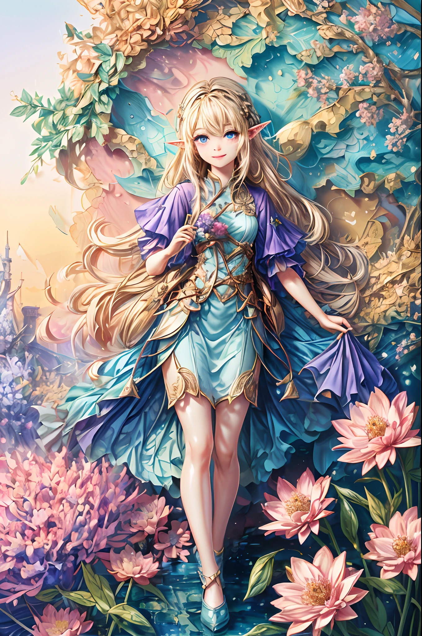 ((tmasterpiece)),Welcome to the fantasy of unknown lands,(A female elf will guide you,anatomy correct,Accurate and perfect face of European and American cartoon girl),Laugh happily,Beautiful girl with a sense of transparency,beautiful fairie,Small ears,Fly around,kaleidoscopic,Among the thousands of purple and red flowers,Magic wand in hand,digital illustrations,复杂,Uptrend,pastel colour,oil painted,award winning photography,Bokeh,depth of fields,hdr,blooms,color difference,真实感,The is very detailed,trends in art station,CGSociety trends,复杂,high detal