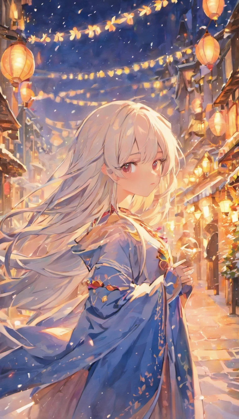 Winters,A girl in beautiful clothes,snowflower,yuki,Fairytale,fanciful,Bright background,cold shades,blank top of the frame,Graphic illustration,Vidorngay style,Best image quality,超詳細
