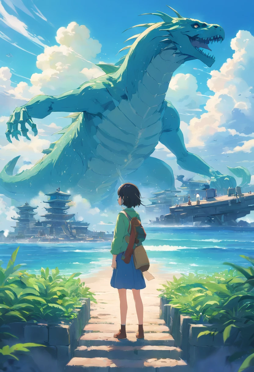 Stand on the skeleton of a sea beast,Overlooking the distance,The distant archipelago is scattered,There are ruins on the island,The sky is cloudy,There is thunder in the sky,ancient ruins background,Behemoth skeletons,Bird's eye view,top-quality,8K