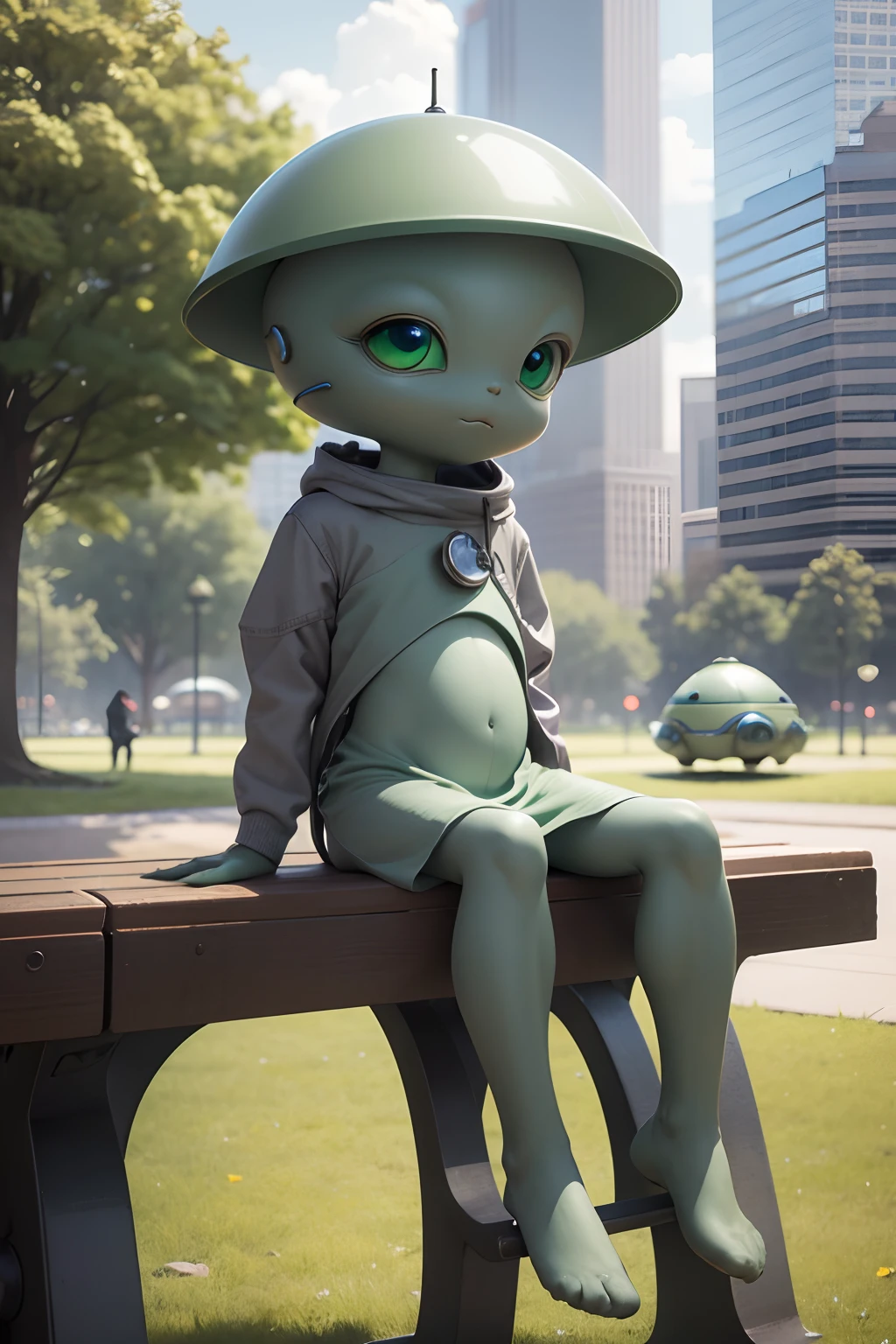 cute little grey-green humanoid alien, sitting on a park bench, small crashed flying saucer in background, in a city park, 8k resolution, hyperdetailed photorealistic