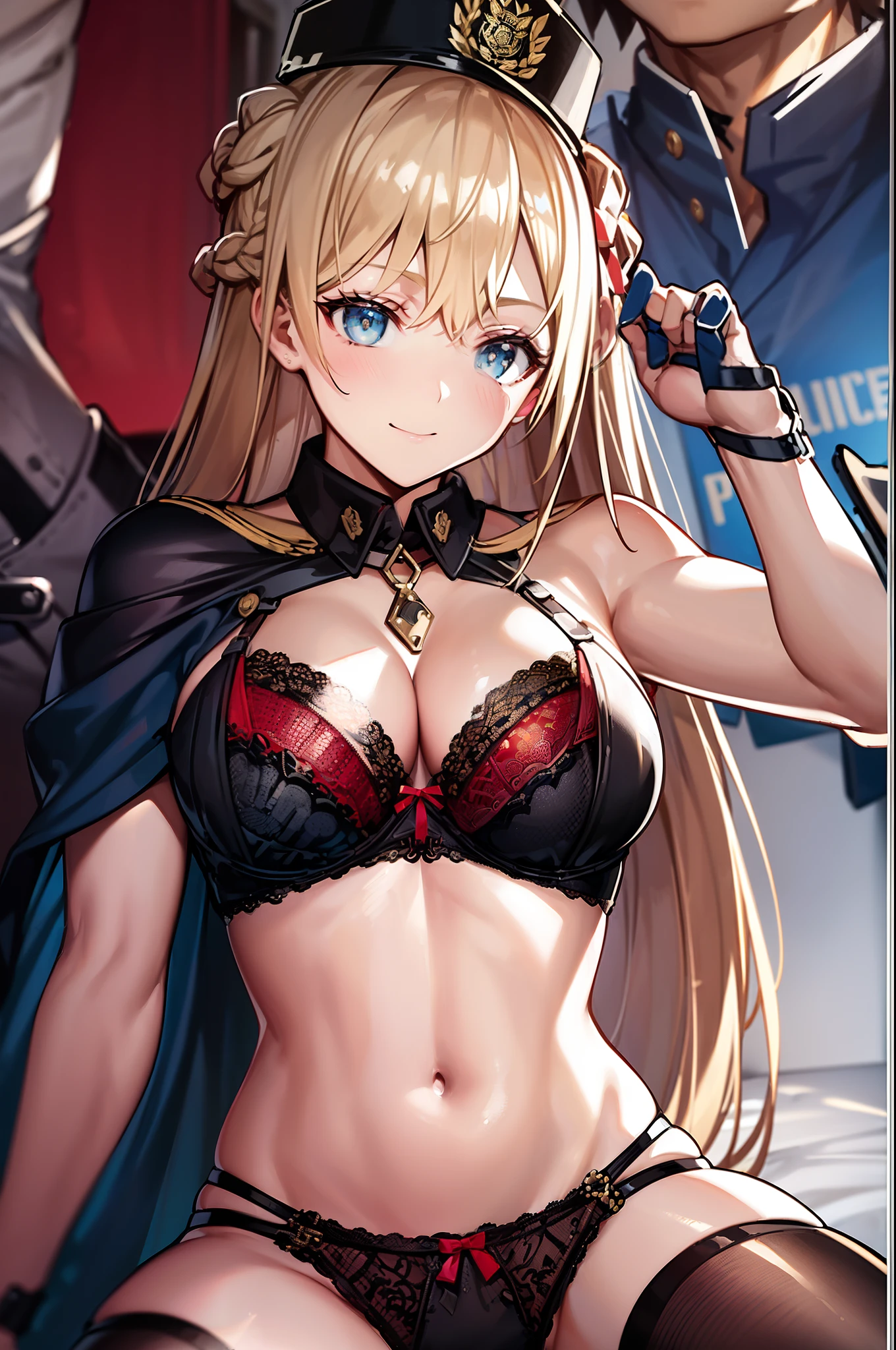 (((police officers))), (((Red BRA))), (((Straddling a man))), hair adornments, a blond, long, The highest image quality, hightquality, high detailing, 超A high resolution, 8K, depth of fields, Cinematography, intricate detailes, Elaborate, meticulous, Magnificent, Maximum Detail, Extreme beauty