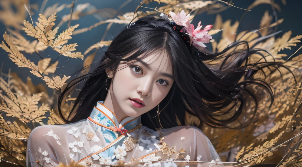32K autumn views（tmasterpiece，k hd，hyper HD，32K）Long flowing black hair，ponds，zydink， a color， Autumn （Sexy girl nipple）， （Blue and white silk scarf）， Combat posture， looking at the ground， long whitr hair， Floating hair， Carp pattern headdress， Chinese long-sleeved cheongsam， （Abstract gouache splash：1.2）， Pink petal background，Pink and white autumn sunset leaves flying（realisticlying：1.4），Black color hair，Fallen leaves flutter，The background is pure， A high resolution， the detail， RAW photogr， Sharp Re， Nikon D850 Film Stock Photo by Jefferies Lee 4 Kodak Portra 400 Camera F1.6 shots, Rich colors, ultra-realistic vivid textures, Dramatic lighting, Unreal Engine Art Station Trend, cinestir 800，Long flowing black hair，see-through transparent clothes