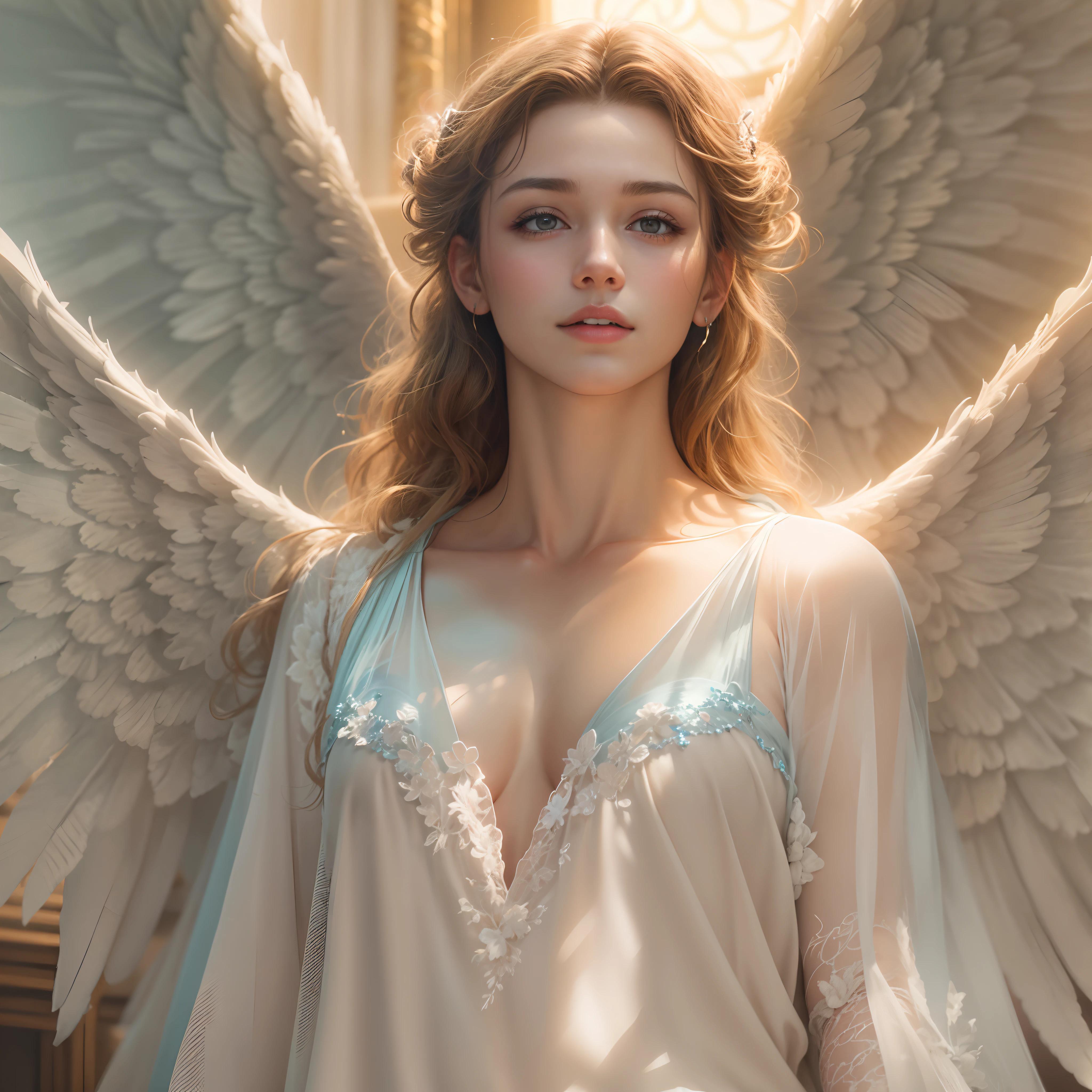 masterpiece, top quality, 8K, real person, realistic, very dense CG, shiny skin, fully focused, heaven, divine glory, radiant, angel, blessing, happiness,