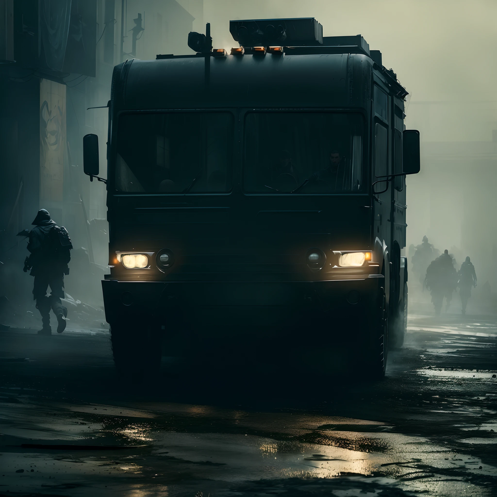 there is a large truck that is driving down the street, bussiere rutkowski andreas rocha, photorealistic dark concept art, wojtek fus, highly realistic concept art, andreas rocha style, cinematic photograph concept art, ultra realistic concept art, concept art | rutkowski, dark cinematic concept art, sergey kolesov concept art, epic cinematic concept art