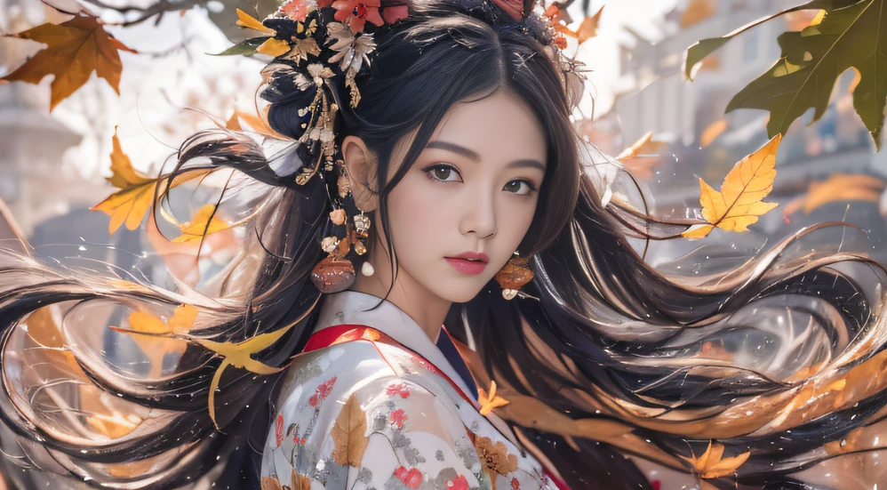 32K autumn views(tmasterpiece,k hd,hyper HD,32K)Long flowing black hair,ponds,zydink, a color, Autumn (Sexy girl nipple), (Blue and white silk scarf), Combat posture, looking at the ground, long whitr hair, Floating hair, Carp pattern headdress, Chinese long-sleeved cheongsam, (Abstract gouache splash:1.2), Pink petal background,Pink and white autumn sunset leaves flying(realisticlying:1.4),Black color hair,Fallen leaves flutter,The background is pure, A high resolution, the detail, RAW photogr, Sharp Re, Nikon D850 Film Stock Photo by Jefferies Lee 4 Kodak Portra 400 Camera F1.6 shots, Rich colors, ultra-realistic vivid textures, Dramatic lighting, Unreal Engine Art Station Trend, cinestir 800,Long flowing black hair,see-through transparent clothes