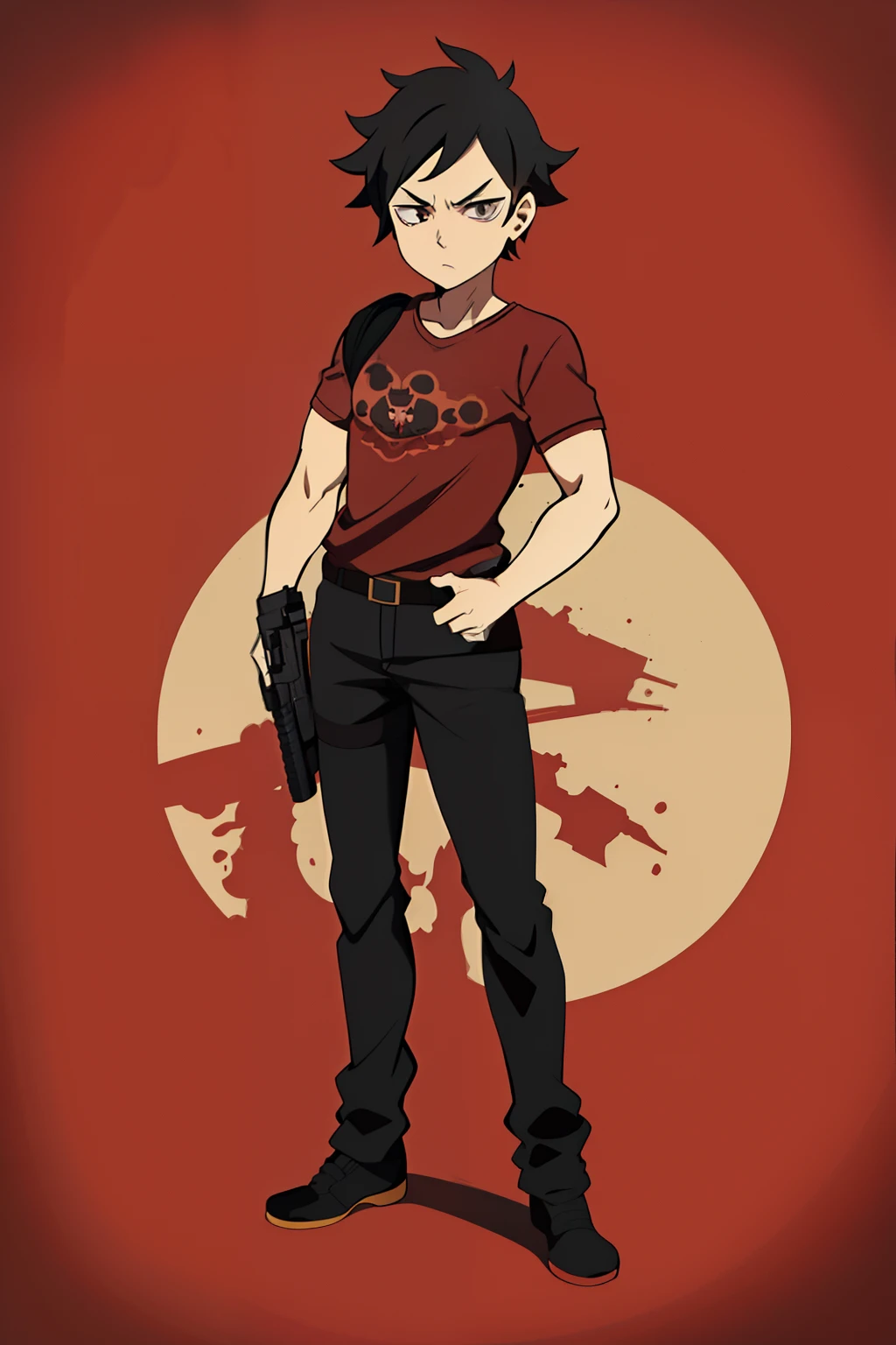 masterpiece, best quality, high quality, 1boy, full body, male focus, gun, holding gun, black hair, solo, weapon, holding, bags under eyes, style parody, handgun, shirt, chibi, black eyes, holding weapon, parody, red shirt, short sleeves, standing