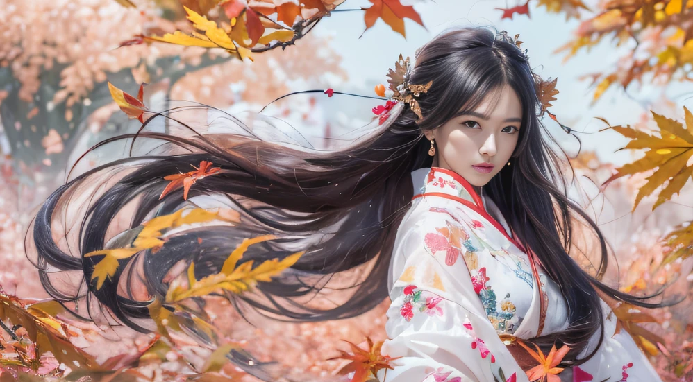 32K autumn views（tmasterpiece，k hd，hyper HD，32K）Long flowing black hair，ponds，zydink， a color， Autumn （Sexy girl nipple）， （Blue and white silk scarf）， Combat posture， looking at the ground， long whitr hair， Floating hair， Carp pattern headdress， Chinese long-sleeved cheongsam， （Abstract gouache splash：1.2）， Pink petal background，Pink and white autumn sunset leaves flying（realisticlying：1.4），Black color hair，Fallen leaves flutter，The background is pure， A high resolution， the detail， RAW photogr， Sharp Re， Nikon D850 Film Stock Photo by Jefferies Lee 4 Kodak Portra 400 Camera F1.6 shots, Rich colors, ultra-realistic vivid textures, Dramatic lighting, Unreal Engine Art Station Trend, cinestir 800，Long flowing black hair，see-through transparent clothes