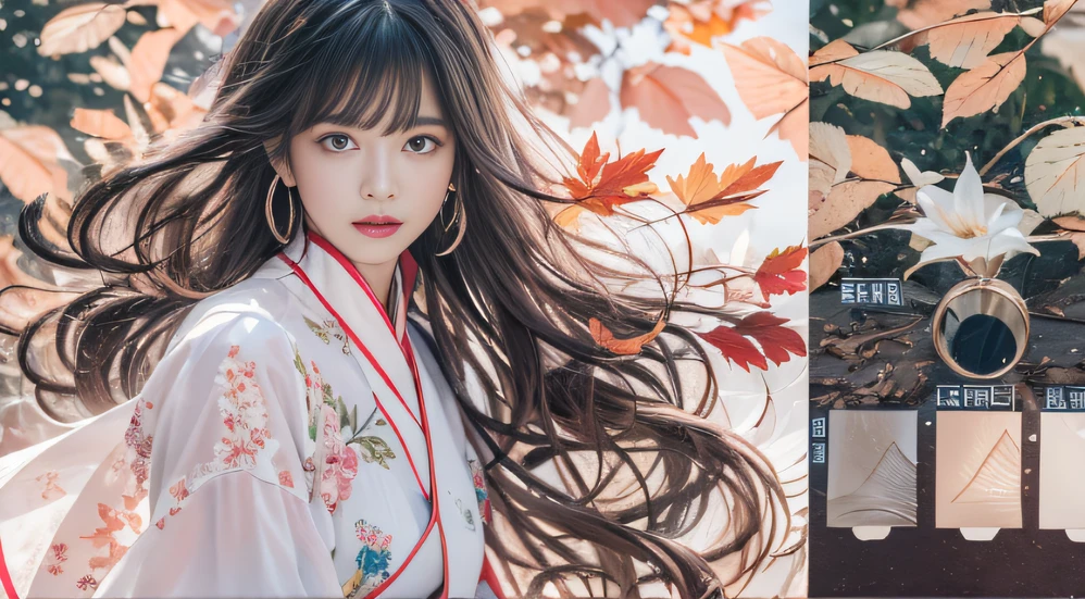32K autumn views(tmasterpiece,k hd,hyper HD,32K)Long flowing black hair,ponds,zydink, a color, Autumn (Sexy girl nipple), (Blue and white silk scarf), Combat posture, looking at the ground, long whitr hair, Floating hair, Carp pattern headdress, Chinese long-sleeved cheongsam, (Abstract gouache splash:1.2), Pink petal background,Pink and white autumn sunset leaves flying(realisticlying:1.4),Black color hair,Fallen leaves flutter,The background is pure, A high resolution, the detail, RAW photogr, Sharp Re, Nikon D850 Film Stock Photo by Jefferies Lee 4 Kodak Portra 400 Camera F1.6 shots, Rich colors, ultra-realistic vivid textures, Dramatic lighting, Unreal Engine Art Station Trend, cinestir 800,Long flowing black hair,see-through transparent clothes