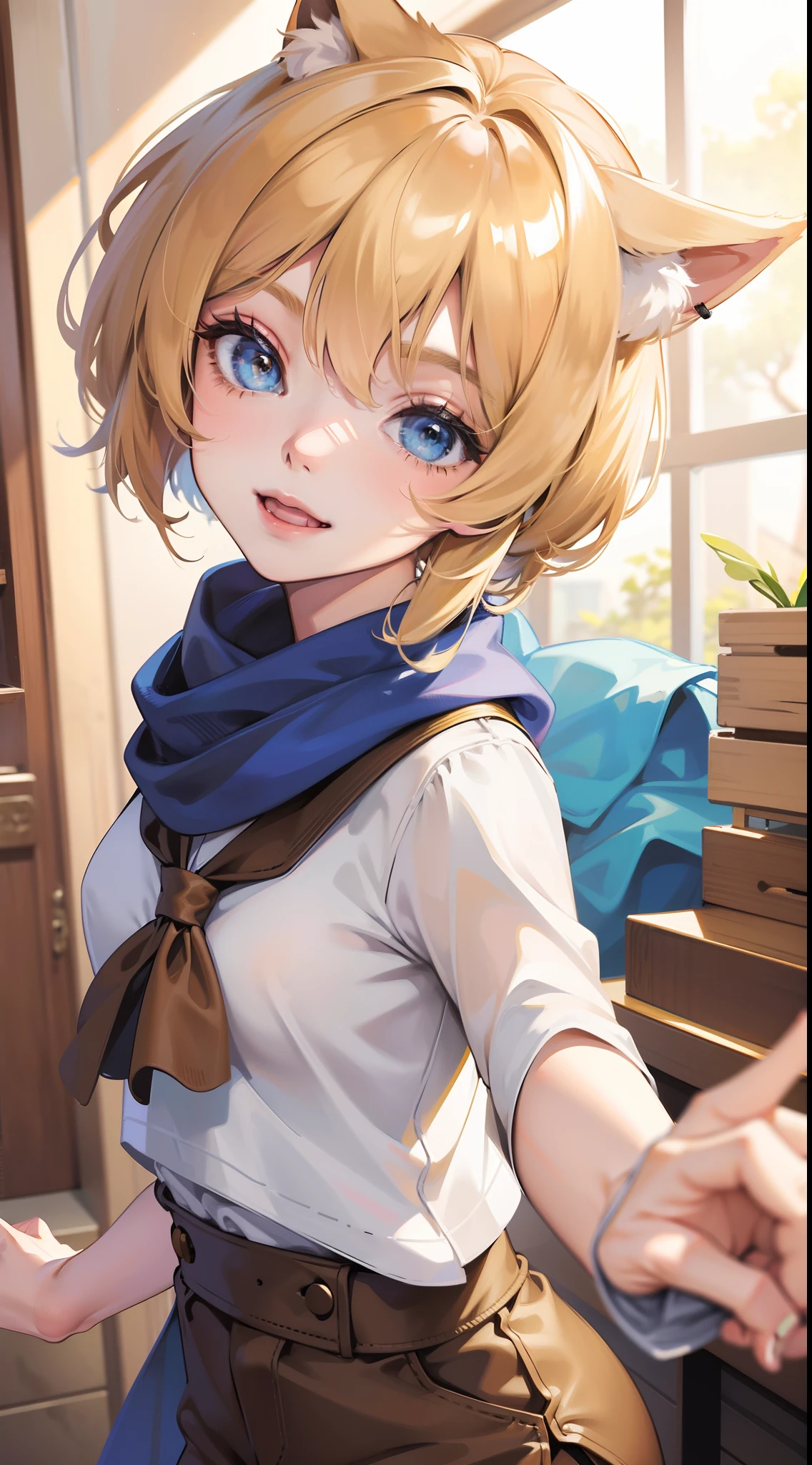 young girl, short blonde hair, cat ears, blue eyes, Smile, white tshirt, brown shorts, a scarf, Masterpiece, hiquality, 4k, HD, Good detail