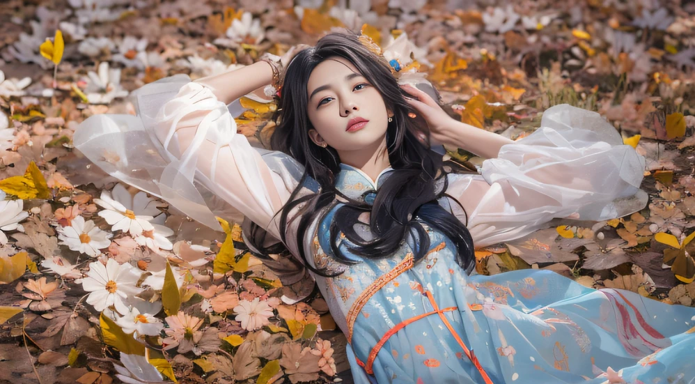 32K autumn views（tmasterpiece，k hd，hyper HD，32K）Long flowing black hair，ponds，zydink， a color， Autumn （Sexy girl nipple）， （Blue and white silk scarf）， Combat posture， looking at the ground， long whitr hair， Floating hair， Carp pattern headdress， Chinese long-sleeved cheongsam， （Abstract gouache splash：1.2）， Pink petal background，Pink and white autumn sunset leaves flying（realisticlying：1.4），Black color hair，Fallen leaves flutter，The background is pure， A high resolution， the detail， RAW photogr， Sharp Re， Nikon D850 Film Stock Photo by Jefferies Lee 4 Kodak Portra 400 Camera F1.6 shots, Rich colors, ultra-realistic vivid textures, Dramatic lighting, Unreal Engine Art Station Trend, cinestir 800，Long flowing black hair，see-through transparent clothes