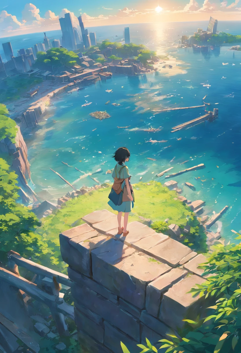 Stand on top of the bones of the behemoth,Look into the distance,The background is scattered islands,There are various ruins on the island,Bird's eye view,top-quality,8K