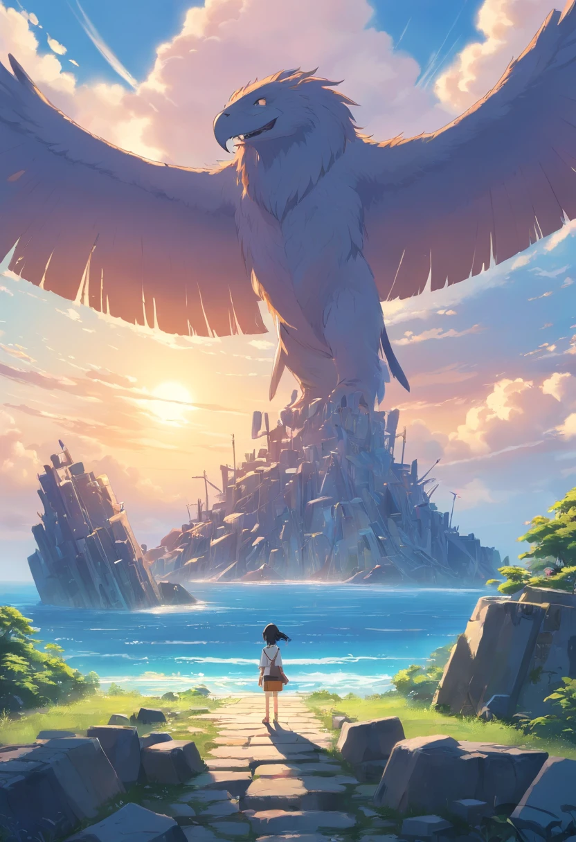Stand on top of the bones of the behemoth,Look into the distance,The background is scattered islands,There are various ruins on the island,Bird's eye view,top-quality,8K