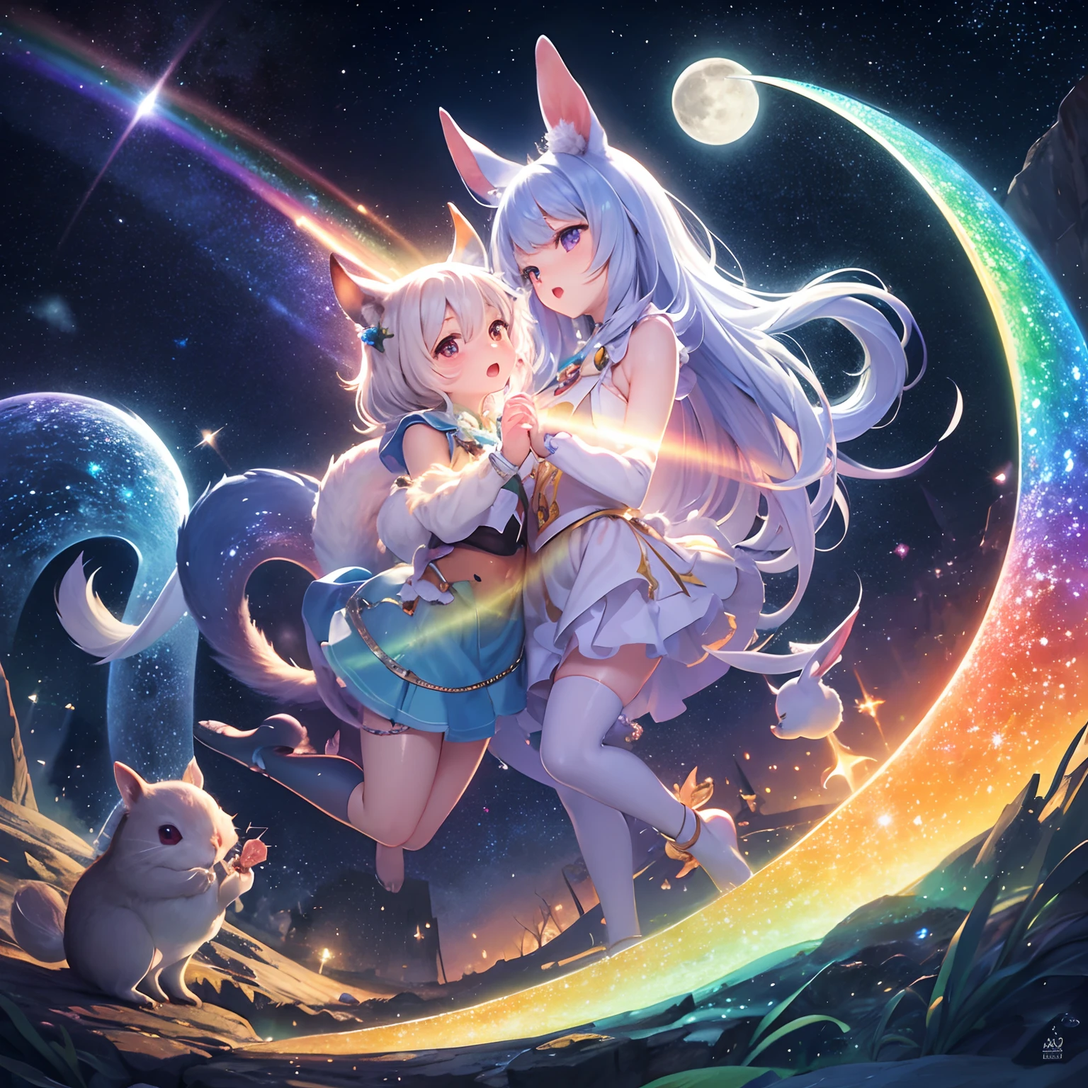 finest image, fantasy, deformed, cute, detailed and delicate depiction, a beautiful big rainbow shining in the night sky, cute small rabbits and squirrels are running around on the rainbow, the background is space, the moon, and shooting stars, professional lighting, anime, manga, illustration