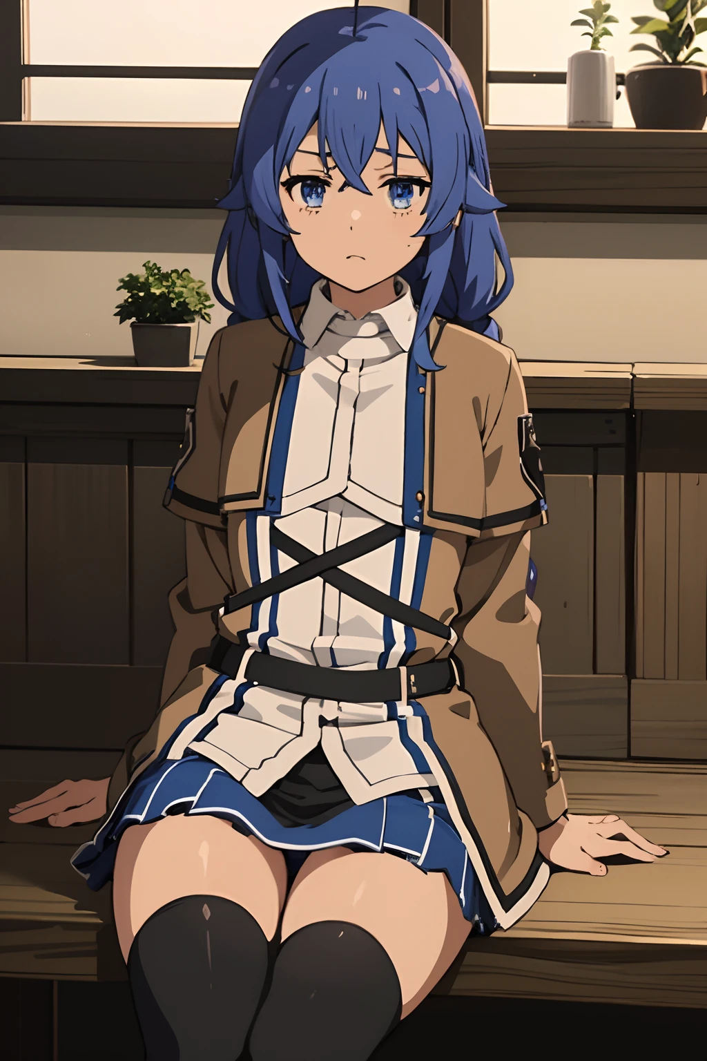 Roxy_Migurdia(mushoku tensei)、1girl, masterpiece、top-quality、Blue eyes、Crimson blue hair、double big braid,,{calm}、{panties on}、{小柄}、Brown coat、Check skirt、satori、{Calm}、deadpan、watching at viewers、{low angle}, {lowerbody}、nsfw, {A sexy}、